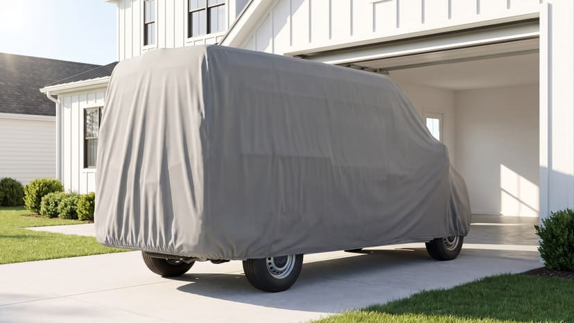 The rear of a high-roof van under a grey cover, parked nose-in at the open garage of a white house.