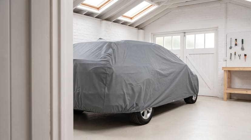 The rear of a station wagon under a medium grey matte cover in a bright whitewashed brick garage with skylights, seen past a door frame.
