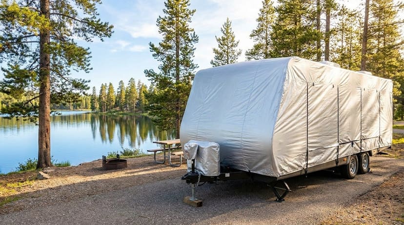 A travel trailer at a lakeside campsite among pines, under a fitted silver cover.