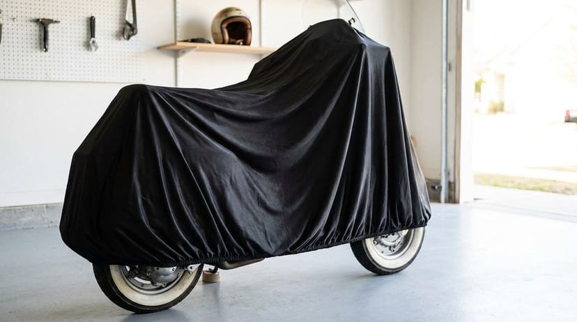 A scooter under a black stretch cover in a bright home garage, a helmet on a shelf behind it.