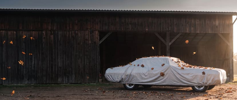 Silver cover on a long-hood classic car outside a timber barn, autumn leaves resting on top