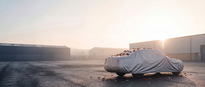 Silver cover on a coupe with autumn leaves resting on top in an industrial yard on a hazy morning