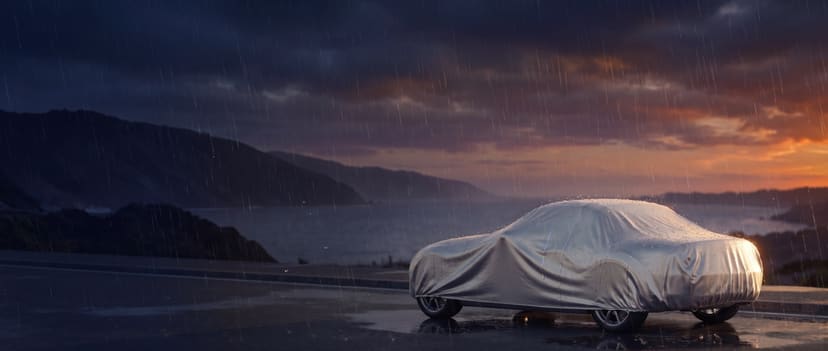 Silver cover on a two-seat roadster beaded with rain on a coastal road at sunset