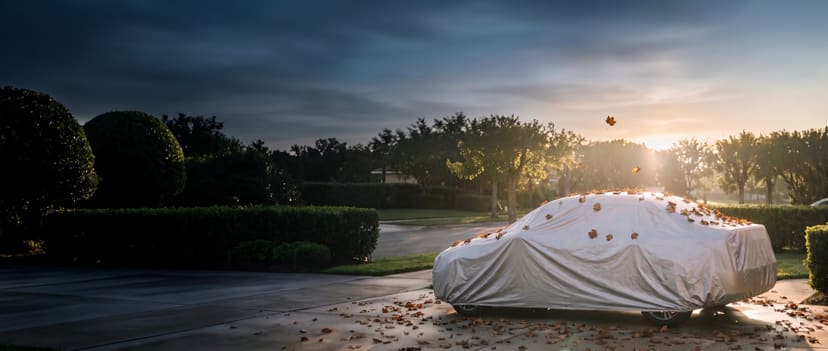 Silver cover on a compact sedan in a driveway with autumn leaves on the roof
