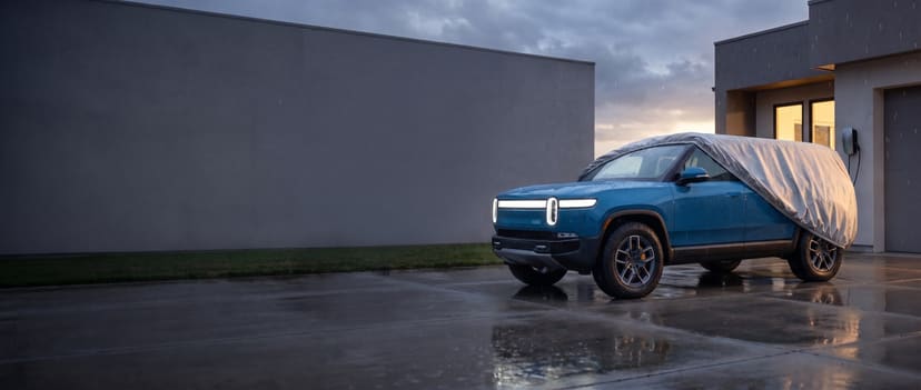 An electric SUV half under a fitted car cover at sunset, its headlights and light bar lit