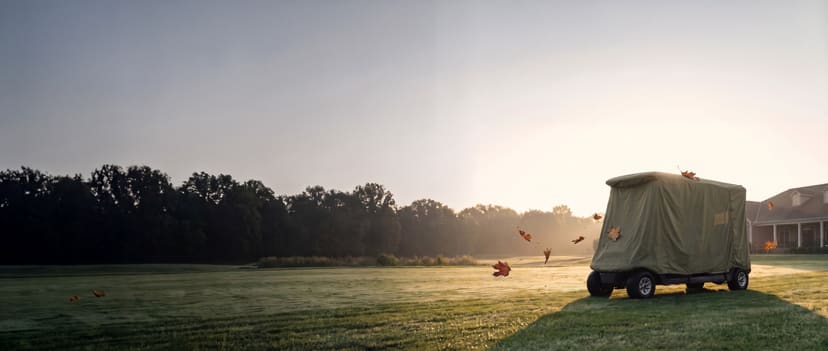 Olive cover on a golf cart on a fairway at sunrise with leaves blowing past