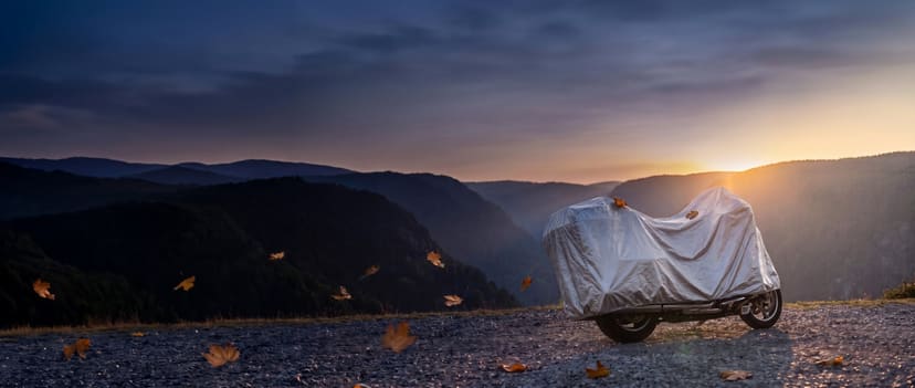 Silver cover on a touring motorcycle at a canyon overlook with two leaves caught on top