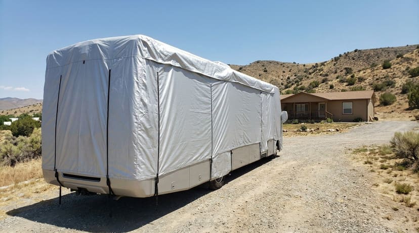 A Class A motorhome on a gravel pad beside a ranch house, under a fitted silver cover.