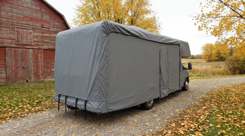 A Class C motorhome beside a red barn in autumn, under a fitted grey cover that runs over the cab-over bunk.