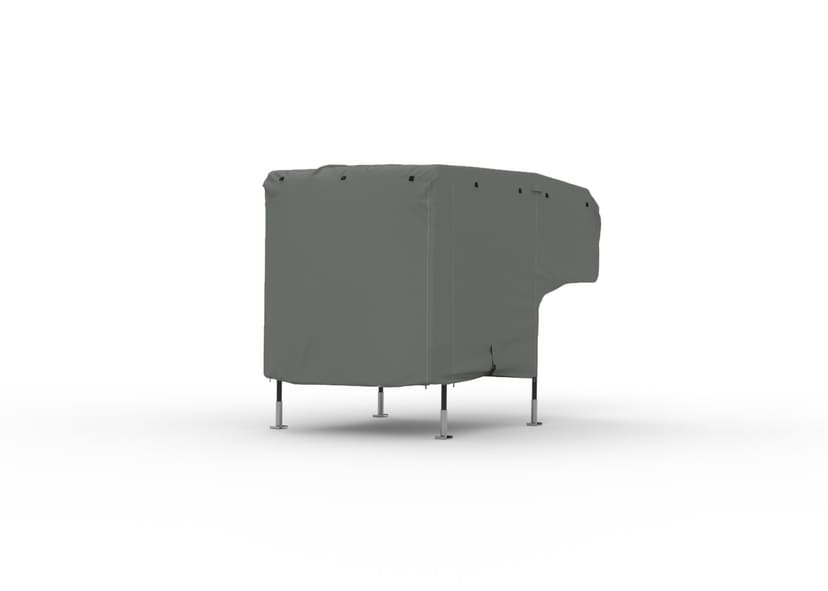 Studio render of a slide-in truck camper under a medium grey cover, standing on its jacks.