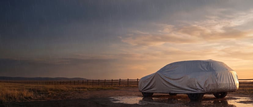 Silver cover on a full-size SUV beaded with light rain by a ranch fence at sunset