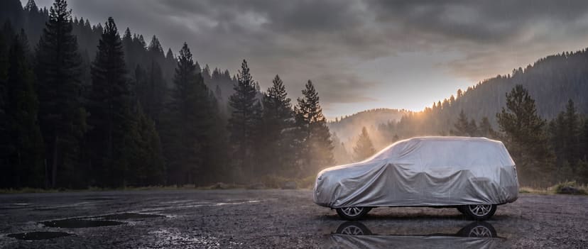 Silver cover on a midsize SUV after rain on a wet gravel lot in a misty pine forest