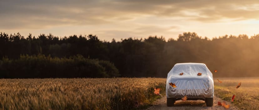Silver cover on a compact pickup on a farm track with a few leaves blowing past