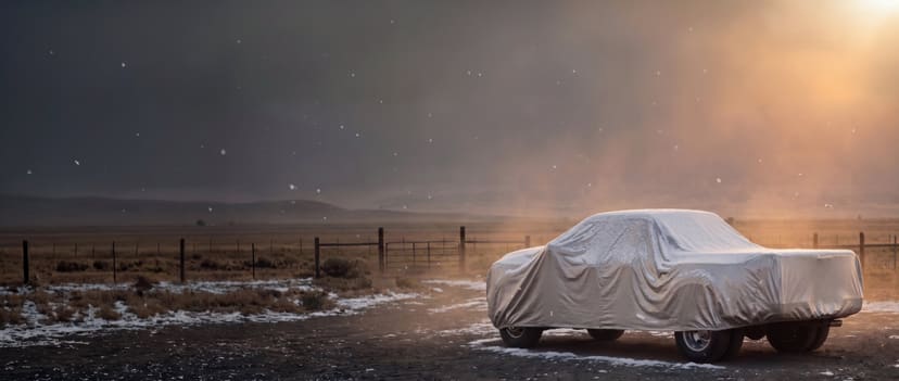 Silver cover on a heavy-duty pickup with a light dusting of snow by a ranch gate at dusk