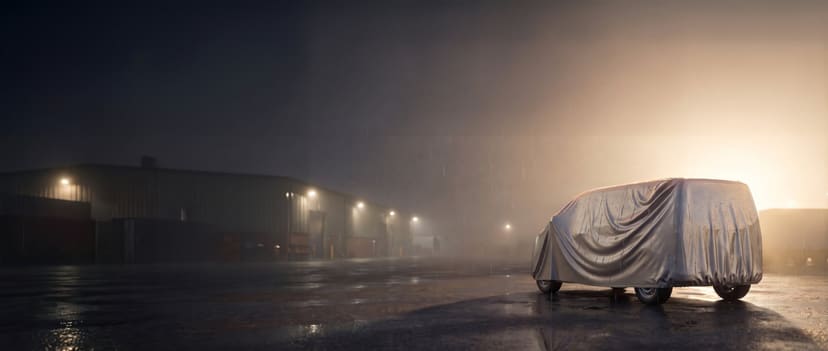 Silver cover on a cargo van beaded with rain in a wet warehouse yard at dawn