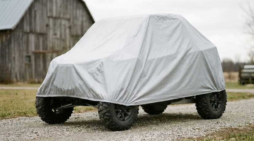 Covered UTV side-by-side by a rural barn