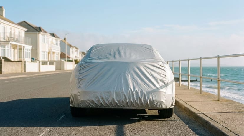 The tail of a car under a silver cover, parked on a seafront road beside a white railing and the sea.