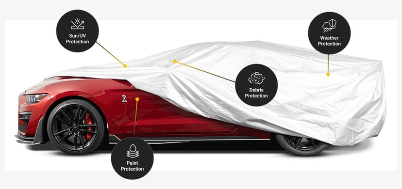 Maximum vehicle protection example showing a partially covered mustang