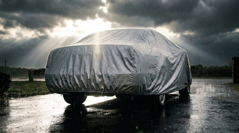 The rear of a car under a silver cover on a wet driveway under storm clouds, the sun breaking through.