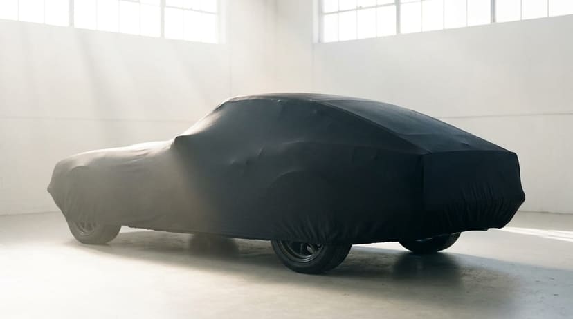 A car under a black stretch cover in a bright, empty room.