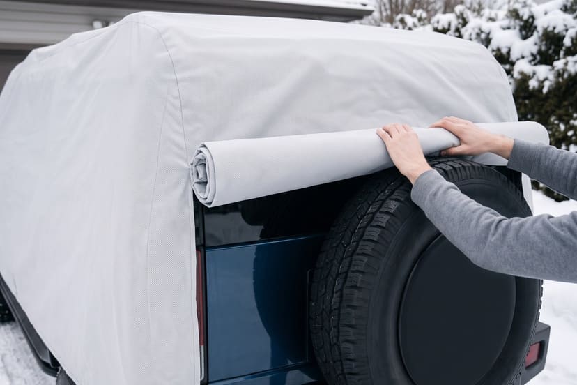 Hands rolling a light grey cover up off the rear door and spare wheel of a dark blue off-road SUV in a snowy driveway