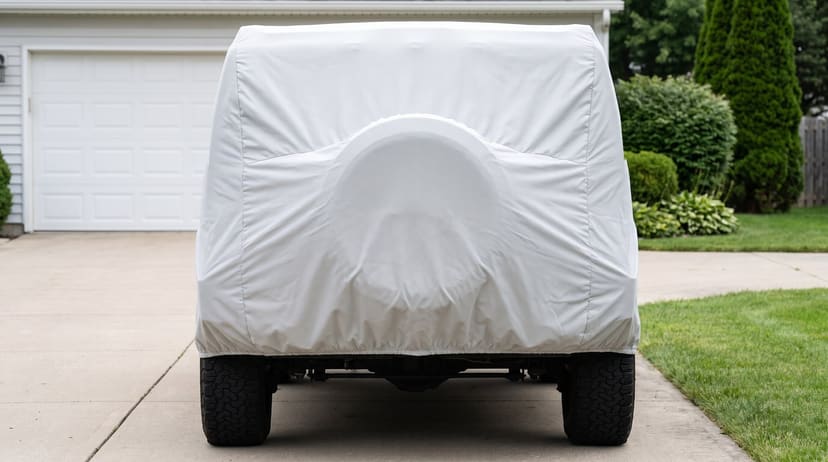 A big boxy off-road SUV under a light grey cover seen from straight behind on a driveway, a garage and clipped shrubs on either side.