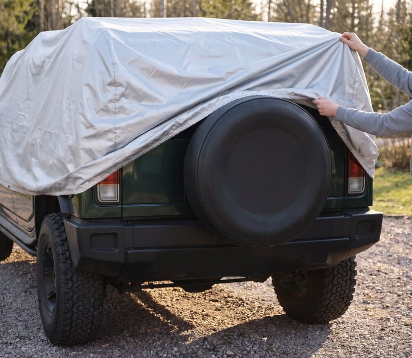 Hands lifting a silver cover up off the rear door and spare wheel of a dark green off-road SUV on a gravel drive.