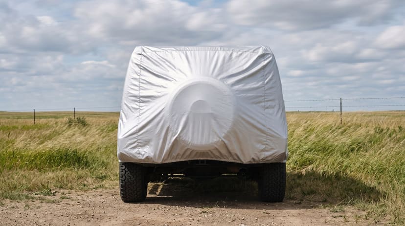 The rear of a big boxy off-road SUV under a silver cover on a dirt pull-off on an open prairie, the grass bent by the wind.
