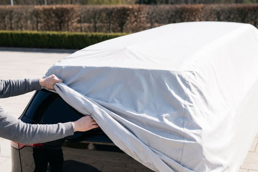 Hands lifting a light grey cover off the rear hatch of a long black stretch SUV on a sunny stone forecourt