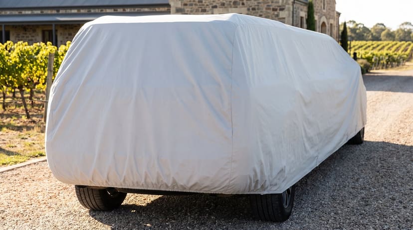 The rear of a stretch SUV limousine under a light grey cover on the gravel forecourt of a stone winery, vines beside it.
