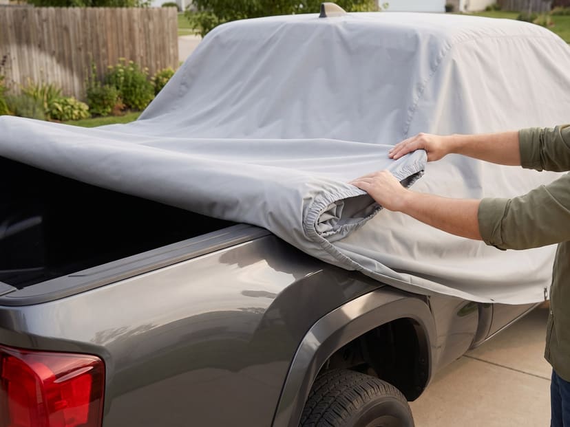 Hands rolling a light grey cover forward off the bed of a dark grey pickup in a driveway