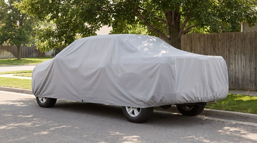 A pickup under a light grey cover at the curb of a quiet street in the shade of a big tree, a wooden fence behind.