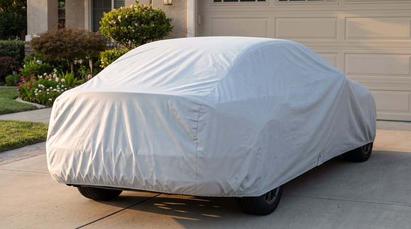 The rear of a sedan under a light grey cover on a home driveway in front of a garage door and a flower bed, in low evening sun.