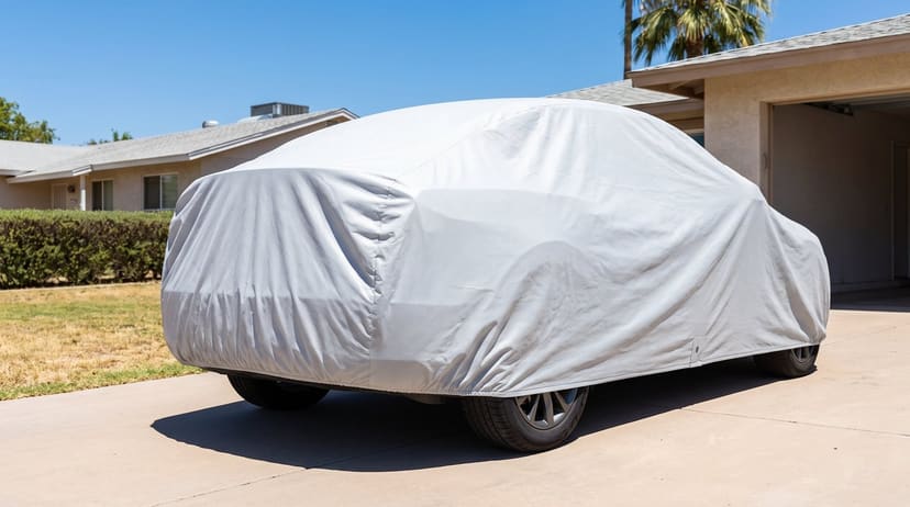 The rear of a sedan under a light grey cover on a sunny concrete driveway beside an open garage, a palm tree behind.