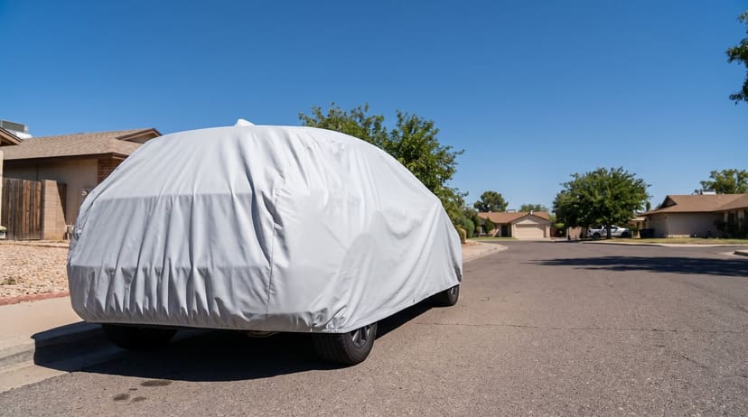 The rear of a car under a light grey cover at the curb of a sunny suburban street under a clear blue sky.