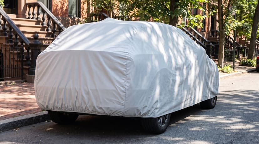 The rear of an SUV under a light grey cover at the curb of a sunny street of brownstones, dappled shade on the cover.