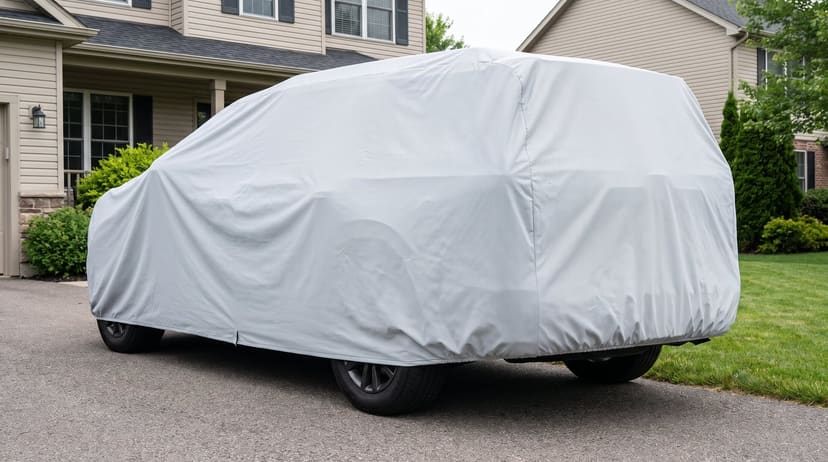 The rear of an SUV under a light grey cover on a suburban driveway, a house and a lawn behind.