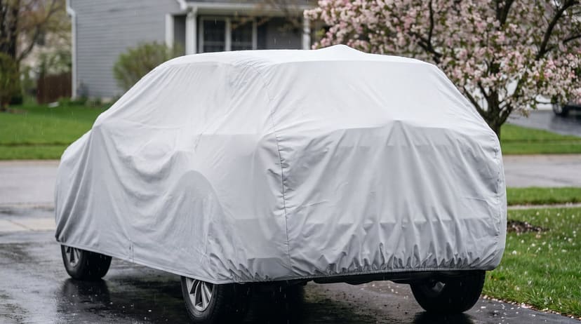 The rear of an SUV under a light grey cover on a wet driveway in spring rain, a blossom tree behind.