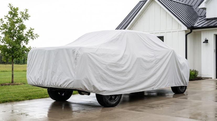 The rear of a pickup under a light grey cover on a wet concrete driveway beside a white farmhouse after rain.