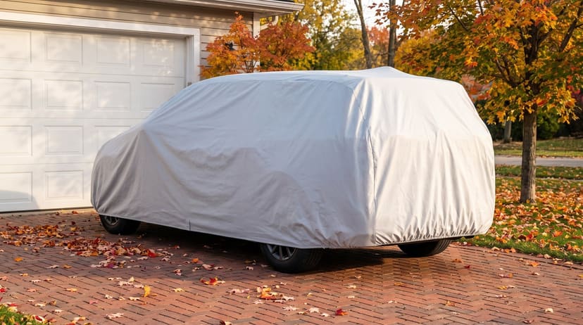 The rear of a minivan under a light grey cover on a red brick driveway in autumn, fallen leaves around it.