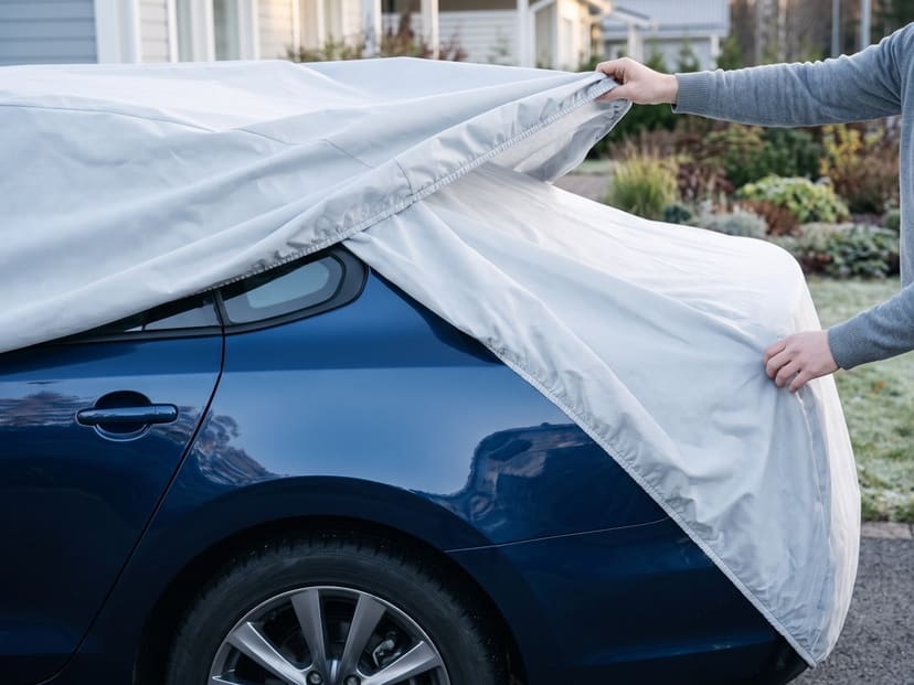 Hands drawing a light grey cover back over the roof of a dark blue sedan, frost on the lawn behind