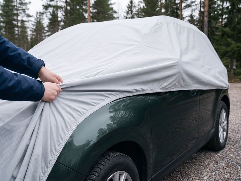 Hands drawing a light grey cover back off the rear door of a dark green SUV on a gravel driveway, pines behind