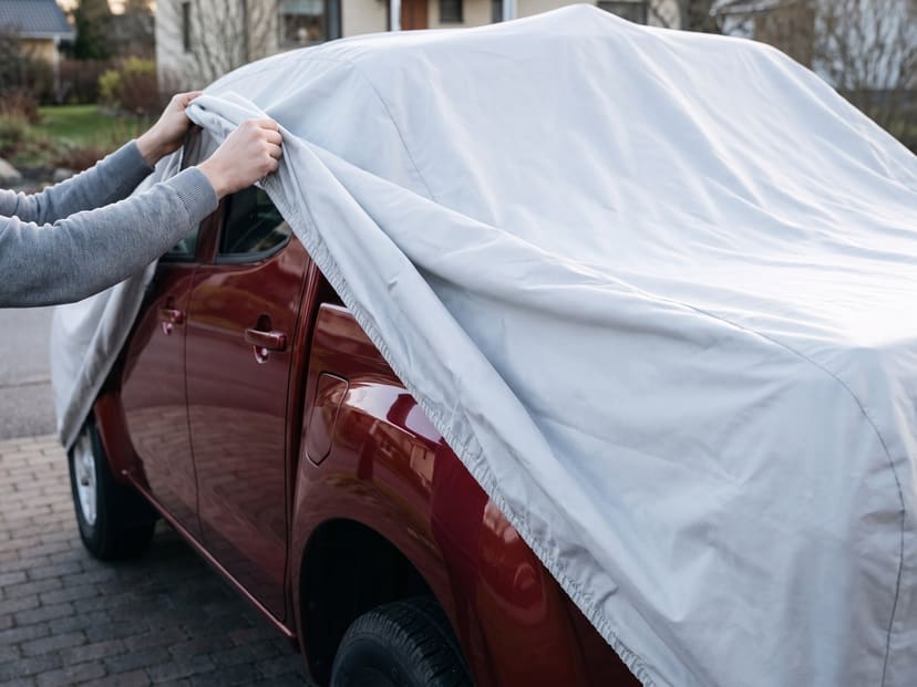 Hands drawing a light grey cover back over the cab of a dark red pickup on a brick driveway