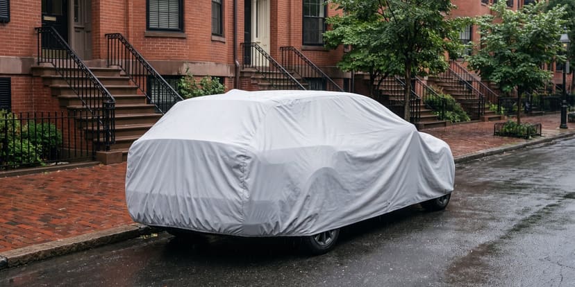 A wagon under a light grey Weatherproof Max cover at the curb of a wet brick street after rain, seen from behind