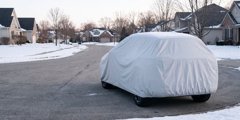 An SUV under a light grey Weatherproof Max cover on a cleared suburban street after a light snowfall, seen from behind