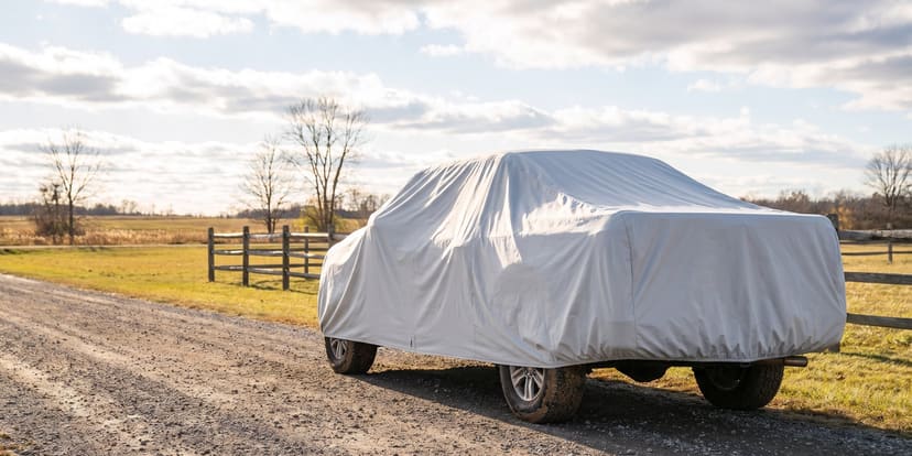 A pickup under a light grey Weatherproof Max cover on a gravel farm lane beside a split-rail fence, seen from behind