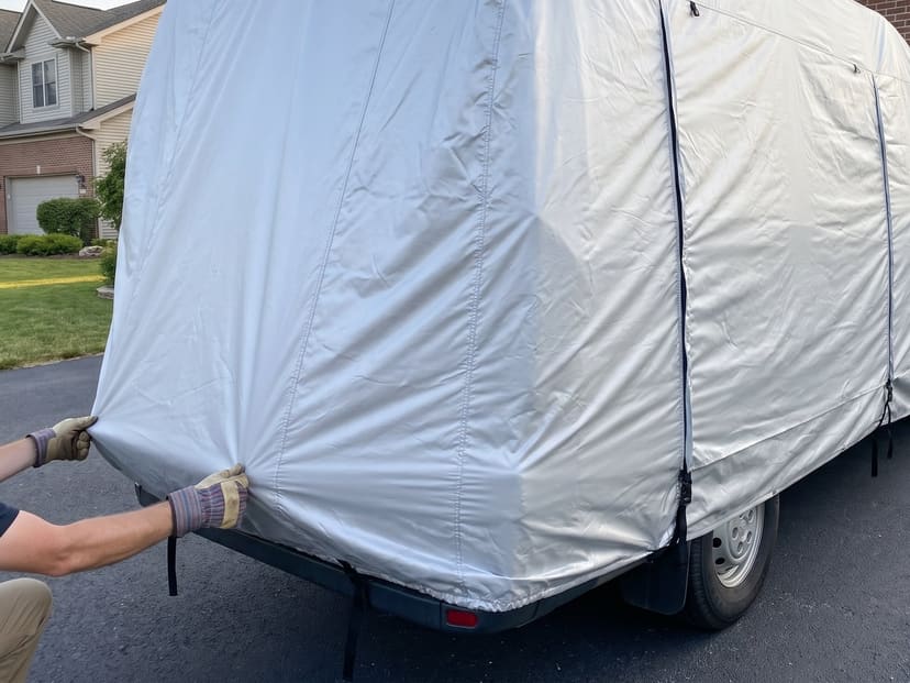 Gloved hands drawing a silver cover down over the rear corner of a camper van on a driveway.
