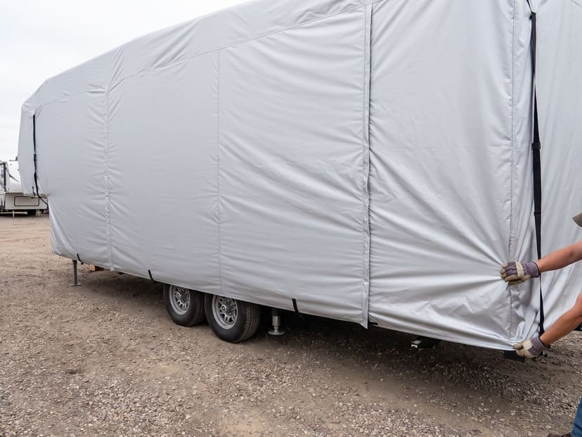 Gloved hands drawing a silver cover down over the rear corner of a fifth-wheel trailer in a gravel lot.