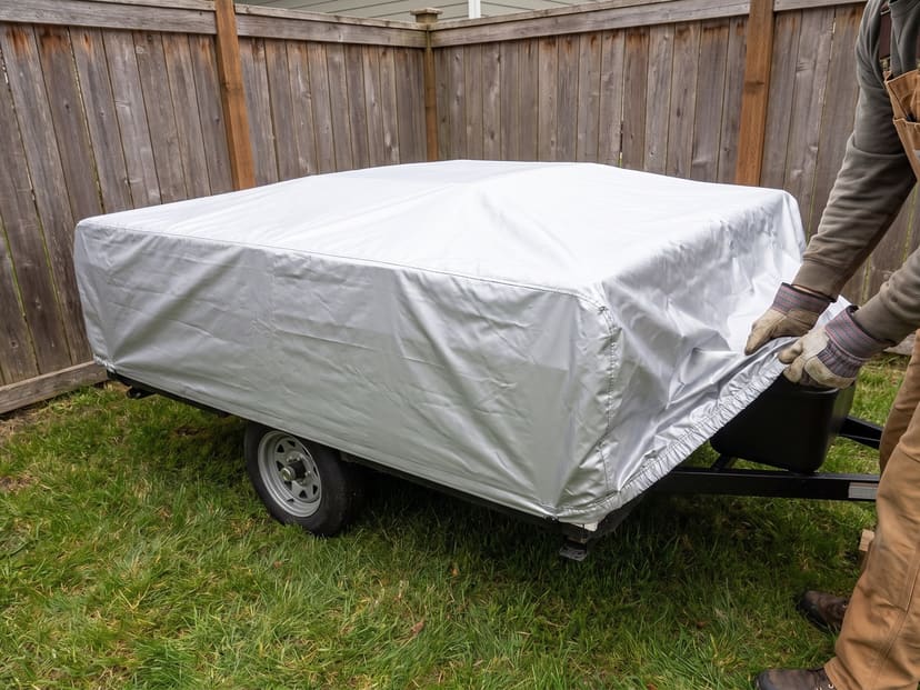 Gloved hands drawing a silver cover down over the corner of a folded pop-up camper in a fenced yard.