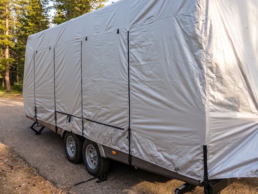 A travel trailer on a campground road among pines, under a fitted silver cover with its side zips closed.